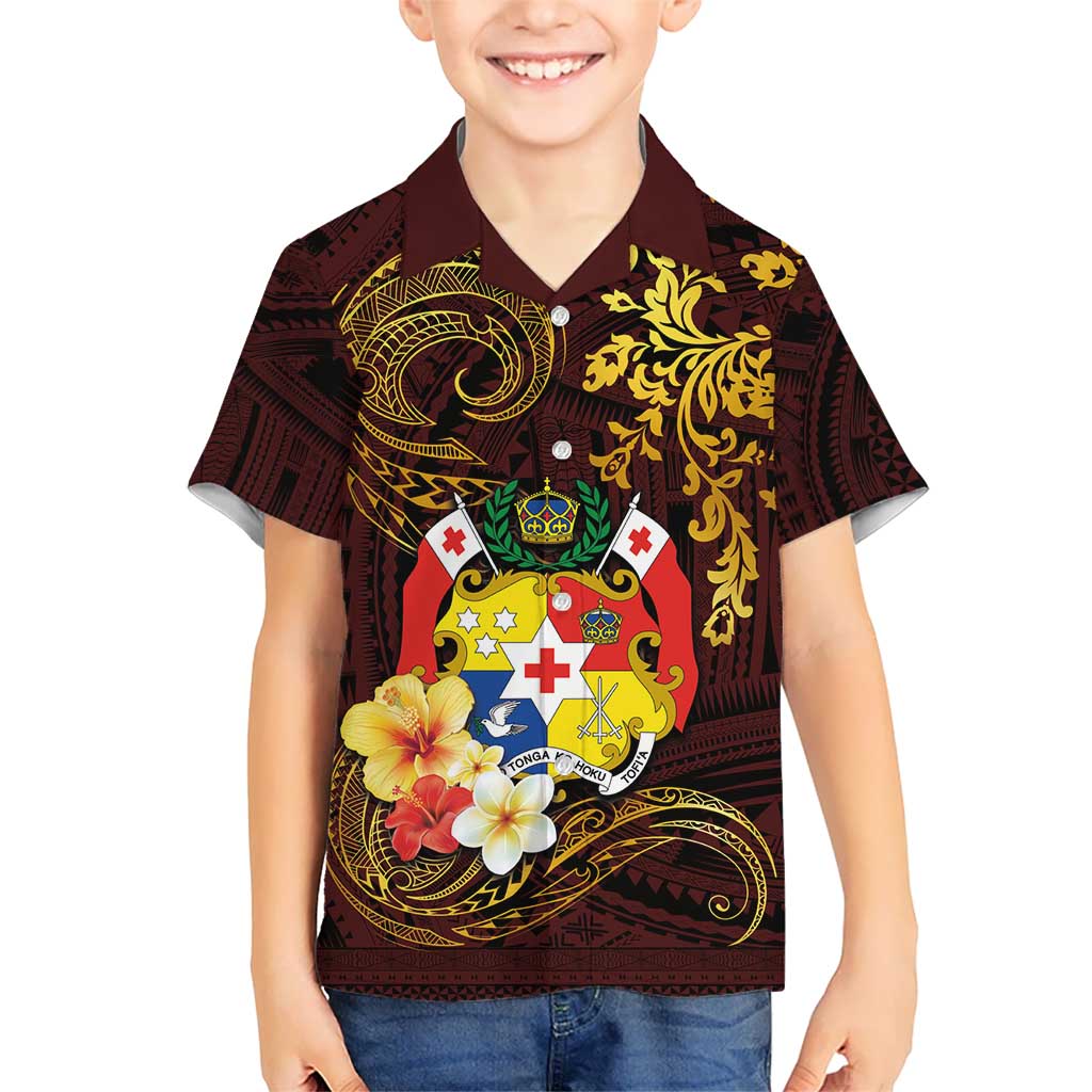 Tonga Ngatu and Hibiscus with Polynesian Tattoo Kid Hawaiian Shirt Gold and Oxblood Color LT03 Kid Oxblood - Polynesian Pride