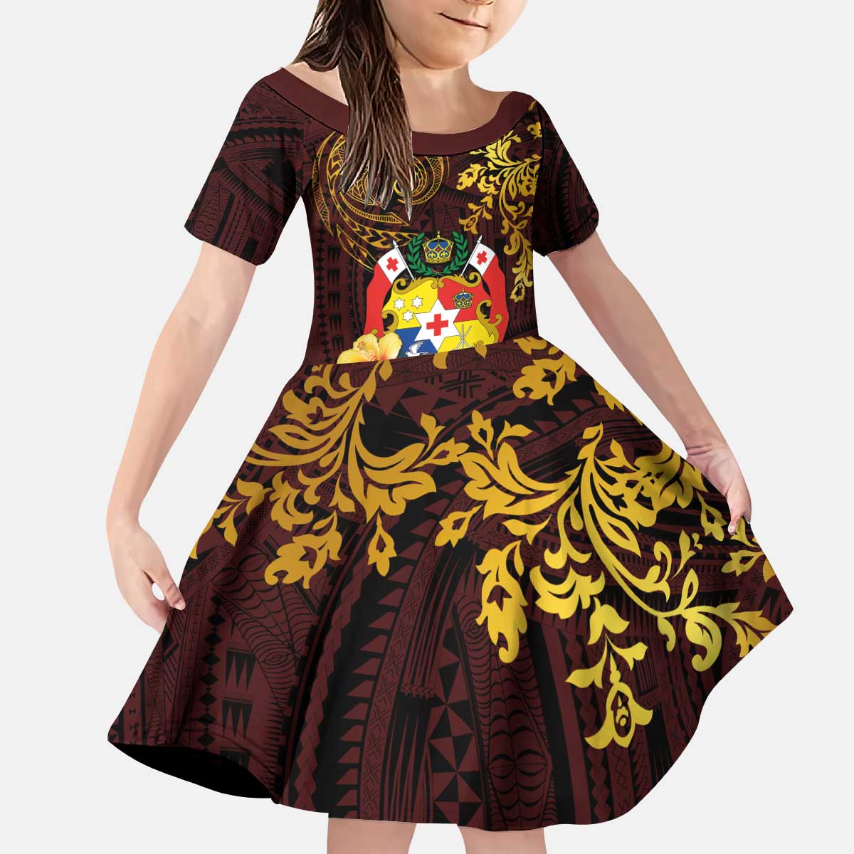 Tonga Ngatu and Hibiscus with Polynesian Tattoo Kid Short Sleeve Dress Gold and Oxblood Color LT03 KID Oxblood - Polynesian Pride