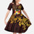 Tonga Ngatu and Hibiscus with Polynesian Tattoo Kid Short Sleeve Dress Gold and Oxblood Color