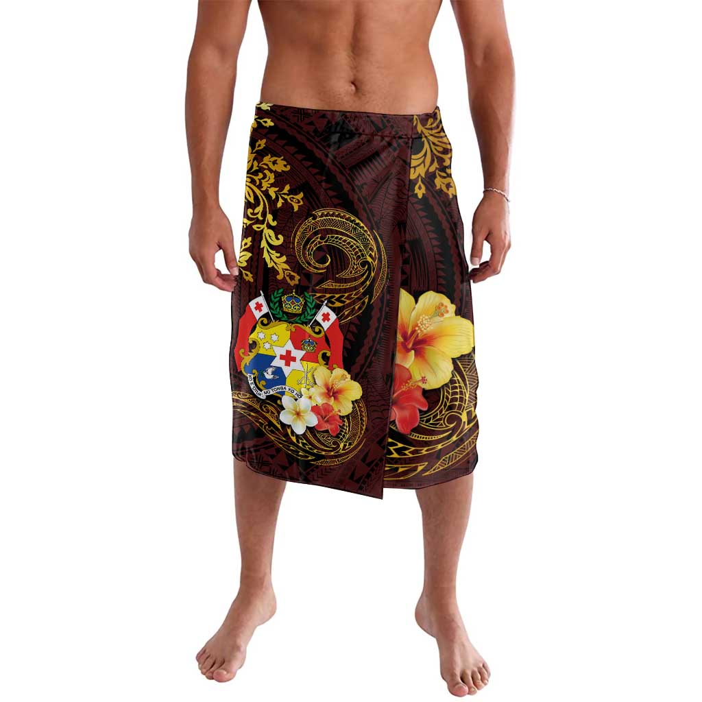 Tonga Ngatu and Hibiscus with Polynesian Tattoo Lavalava Gold and Oxblood Color