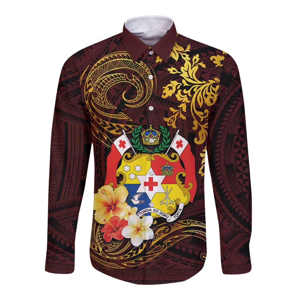 Tonga Ngatu and Hibiscus with Polynesian Tattoo Long Sleeve Button Shirt Gold and Oxblood Color LT03 Unisex Oxblood - Polynesian Pride