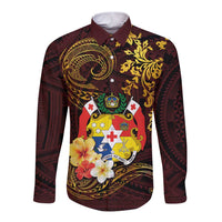 Tonga Ngatu and Hibiscus with Polynesian Tattoo Long Sleeve Button Shirt Gold and Oxblood Color LT03 Unisex Oxblood - Polynesian Pride