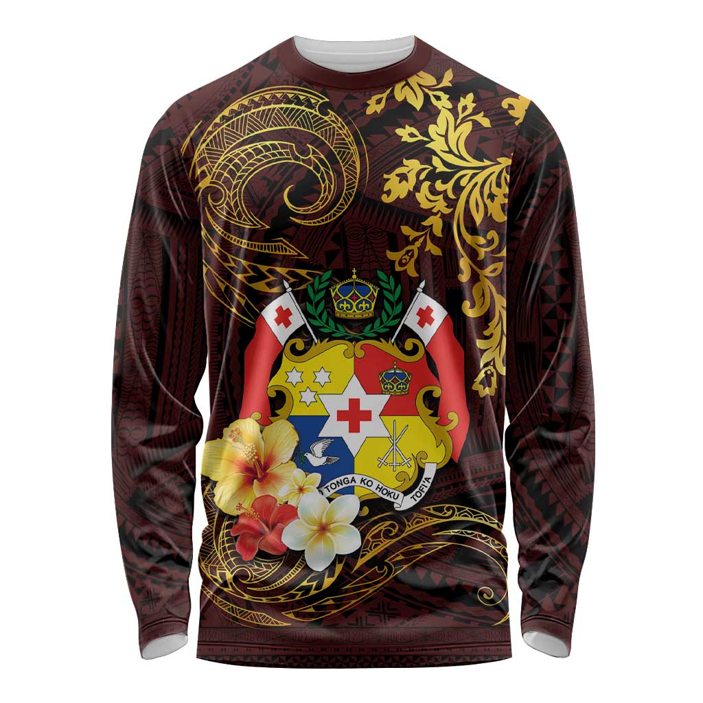 Tonga Ngatu and Hibiscus with Polynesian Tattoo Long Sleeve Shirt Gold and Oxblood Color LT03 Unisex Oxblood - Polynesian Pride