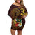 Tonga Ngatu and Hibiscus with Polynesian Tattoo Off Shoulder Short Dress Gold and Oxblood Color