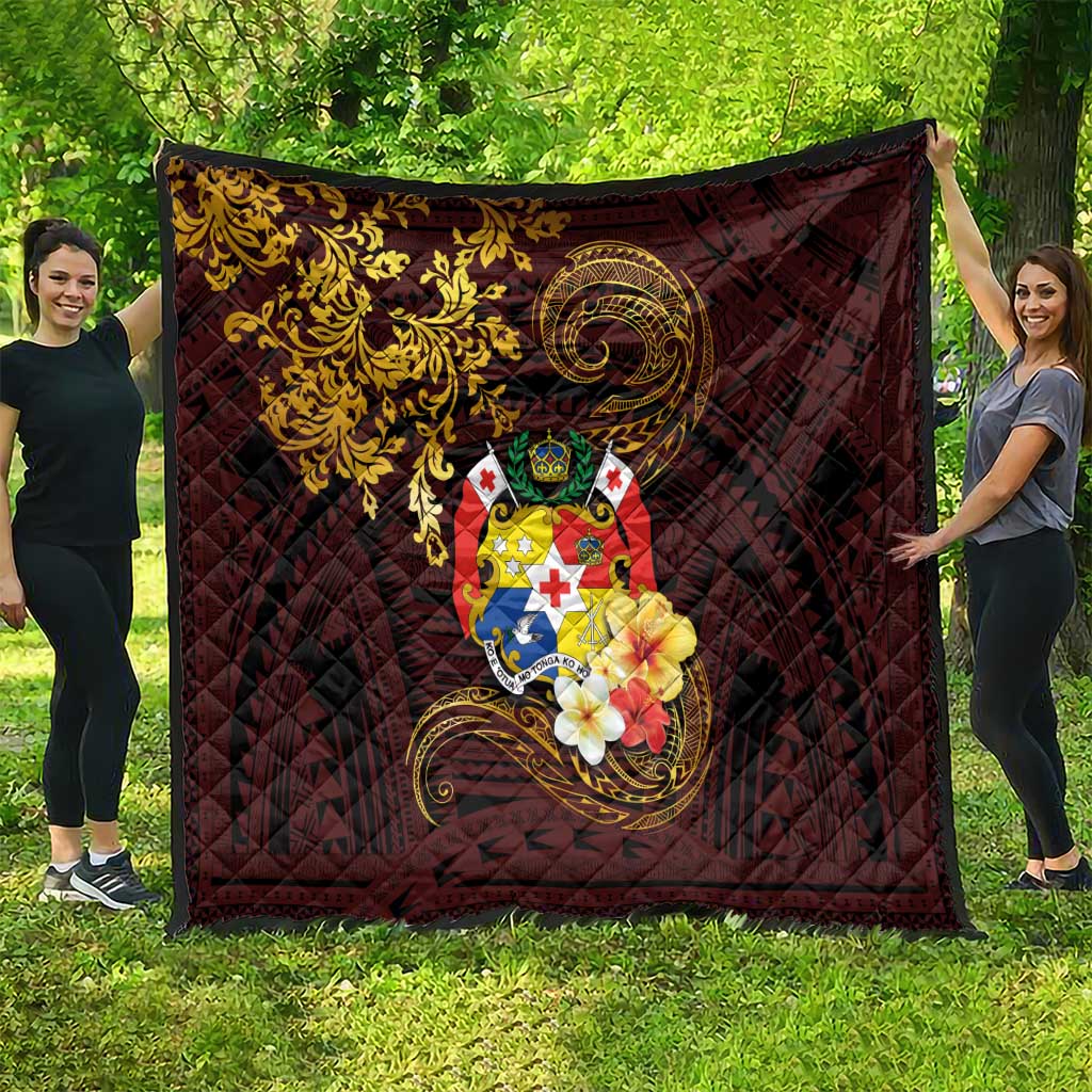 Tonga Ngatu and Hibiscus with Polynesian Tattoo Quilt Gold and Oxblood Color LT03 - Polynesian Pride