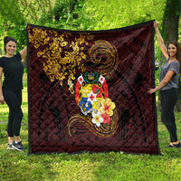 Tonga Ngatu and Hibiscus with Polynesian Tattoo Quilt Gold and Oxblood Color LT03 - Polynesian Pride