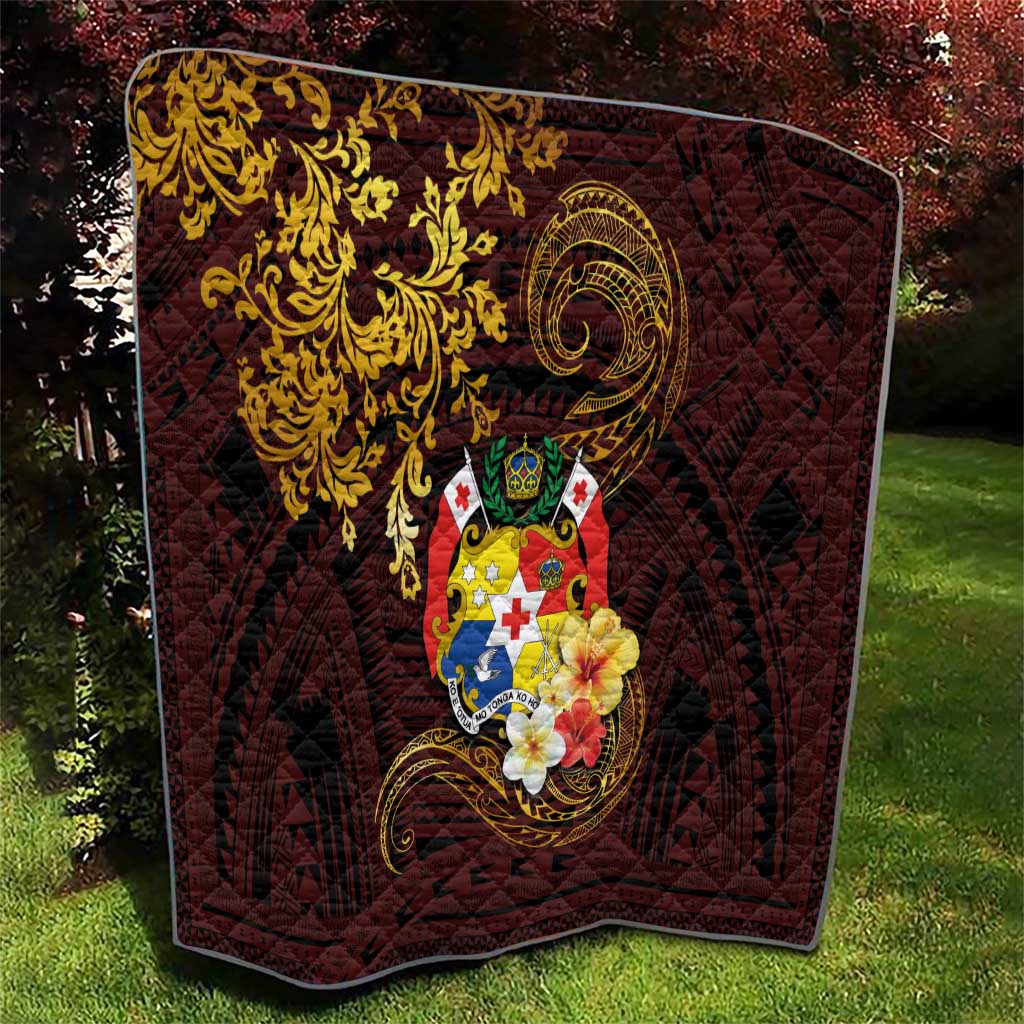 Tonga Ngatu and Hibiscus with Polynesian Tattoo Quilt Gold and Oxblood Color LT03 - Polynesian Pride