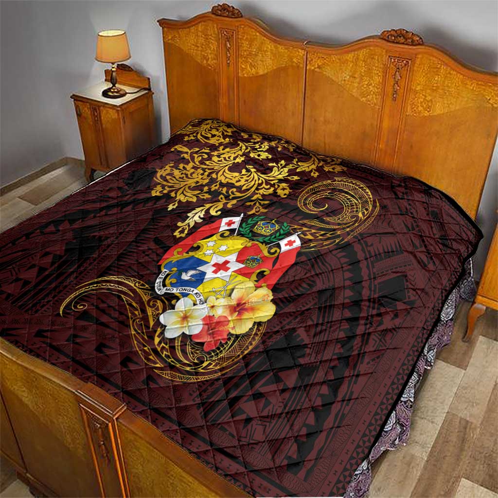 Tonga Ngatu and Hibiscus with Polynesian Tattoo Quilt Gold and Oxblood Color LT03 - Polynesian Pride