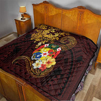 Tonga Ngatu and Hibiscus with Polynesian Tattoo Quilt Gold and Oxblood Color LT03 - Polynesian Pride