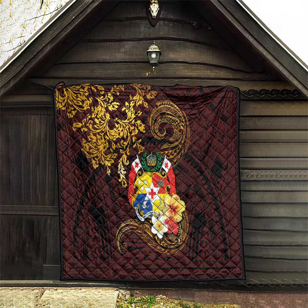 Tonga Ngatu and Hibiscus with Polynesian Tattoo Quilt Gold and Oxblood Color LT03 - Polynesian Pride
