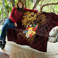 Tonga Ngatu and Hibiscus with Polynesian Tattoo Quilt Gold and Oxblood Color LT03 - Polynesian Pride