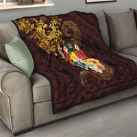 Tonga Ngatu and Hibiscus with Polynesian Tattoo Quilt Gold and Oxblood Color LT03 - Polynesian Pride