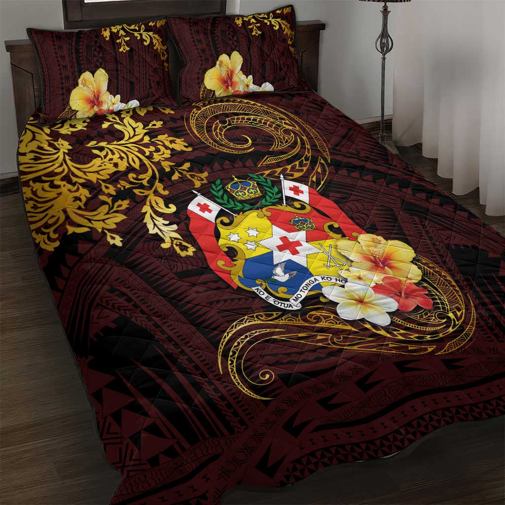 Tonga Ngatu and Hibiscus with Polynesian Tattoo Quilt Bed Set Gold and Oxblood Color LT03 Oxblood - Polynesian Pride