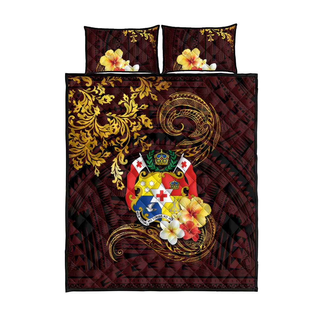 Tonga Ngatu and Hibiscus with Polynesian Tattoo Quilt Bed Set Gold and Oxblood Color LT03 - Polynesian Pride
