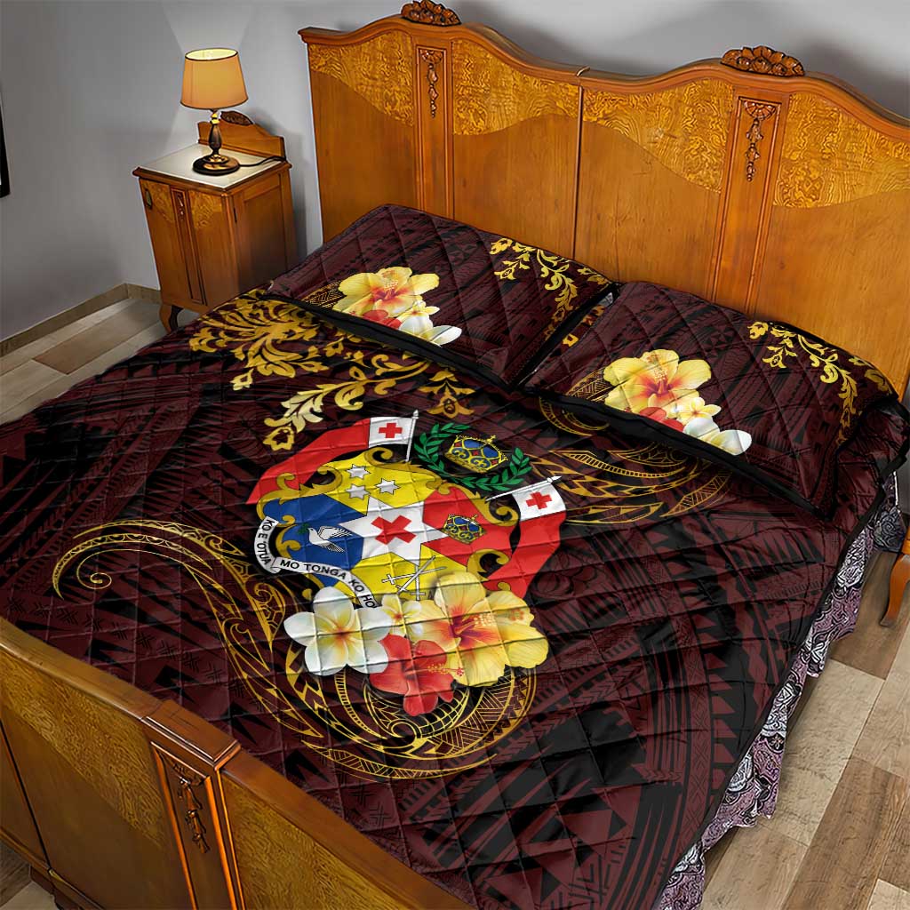 Tonga Ngatu and Hibiscus with Polynesian Tattoo Quilt Bed Set Gold and Oxblood Color LT03 - Polynesian Pride