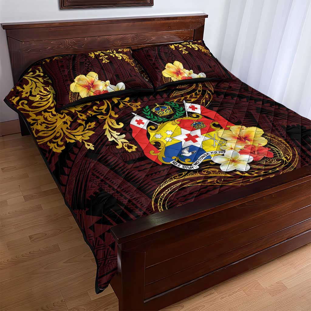Tonga Ngatu and Hibiscus with Polynesian Tattoo Quilt Bed Set Gold and Oxblood Color LT03 - Polynesian Pride
