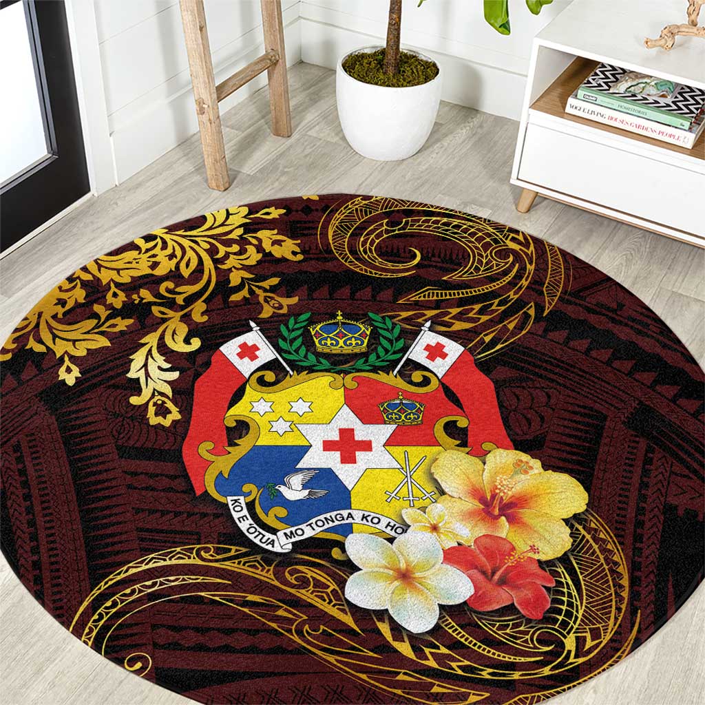 Tonga Ngatu and Hibiscus with Polynesian Tattoo Round Carpet Gold and Oxblood Color LT03 Oxblood - Polynesian Pride