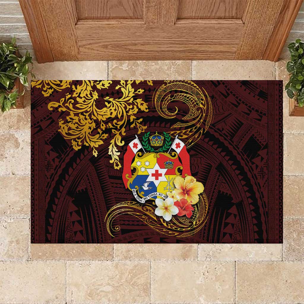 Tonga Ngatu and Hibiscus with Polynesian Tattoo Rubber Doormat Gold and Oxblood Color LT03 Oxblood - Polynesian Pride