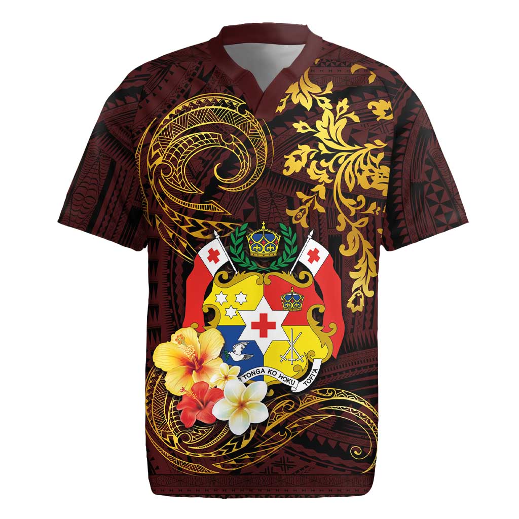 Tonga Ngatu and Hibiscus with Polynesian Tattoo Rugby Jersey Gold and Oxblood Color LT03 Oxblood - Polynesian Pride