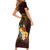 Tonga Ngatu and Hibiscus with Polynesian Tattoo Short Sleeve Bodycon Dress Gold and Oxblood Color