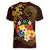 Tonga Ngatu and Hibiscus with Polynesian Tattoo Women V-Neck T-Shirt Gold and Oxblood Color