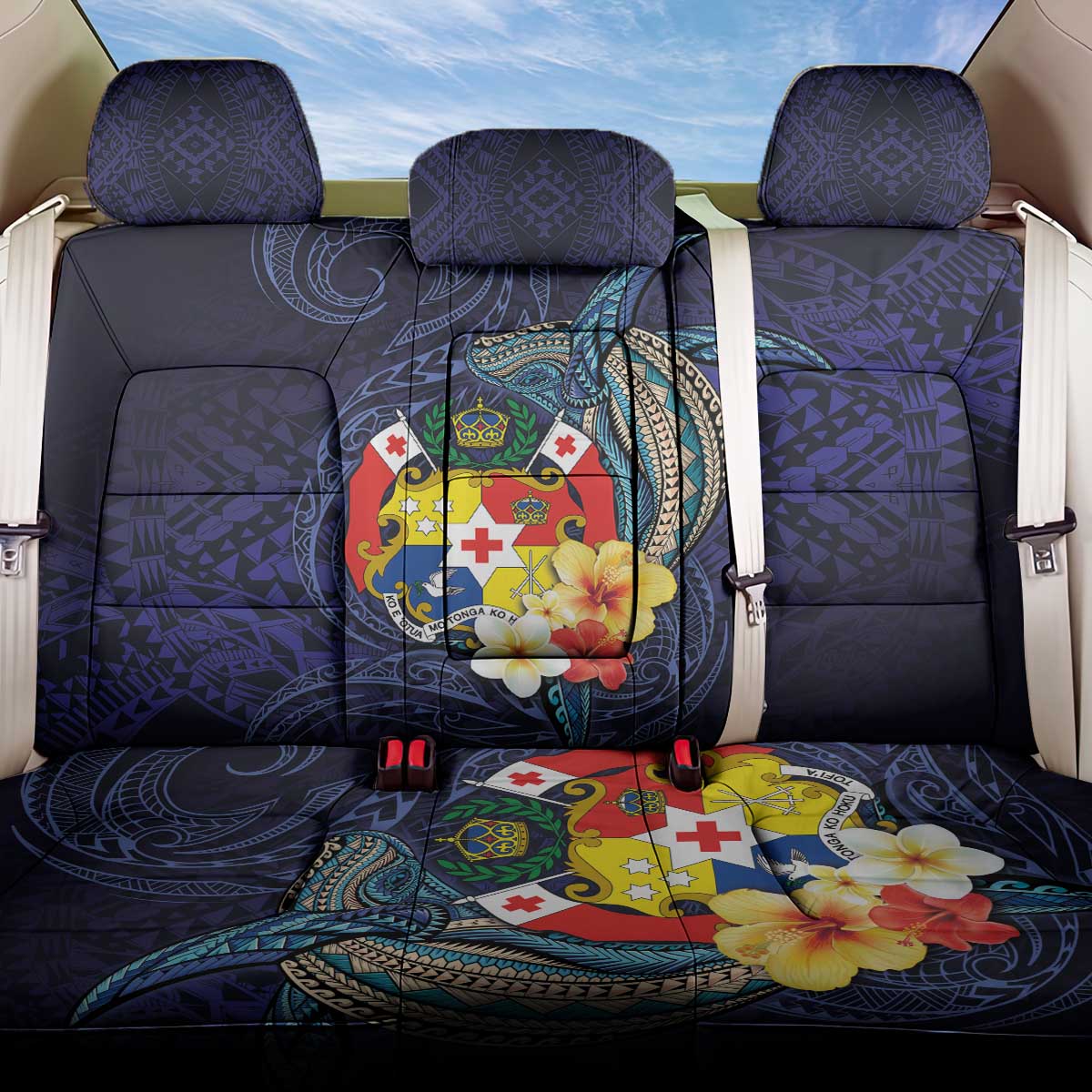Tonga Vava'u Humpback Whale Blue Water Back Car Seat Cover Polynesian Hibiscus Flowers LT03 One Size Blue - Polynesian Pride