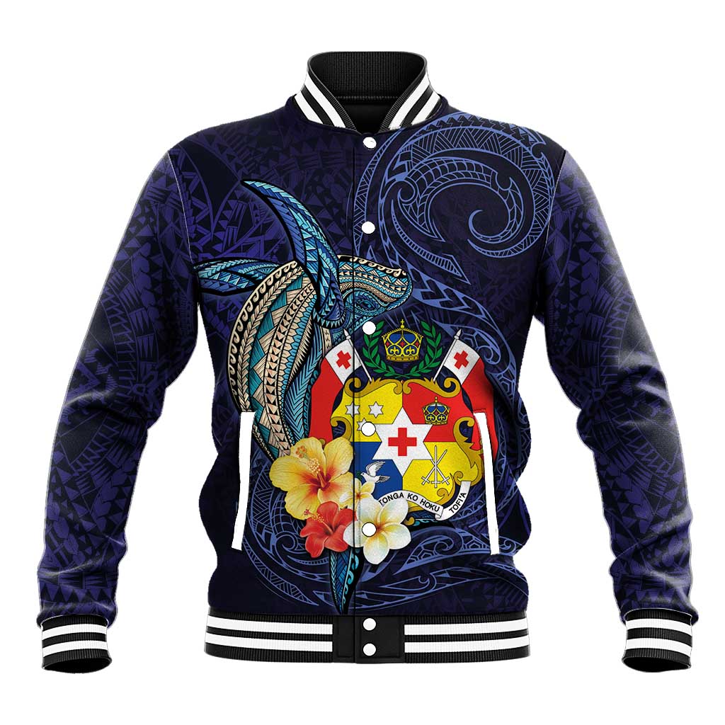 Tonga Vava'u Humpback Whale Blue Water Baseball Jacket Polynesian Hibiscus Flowers