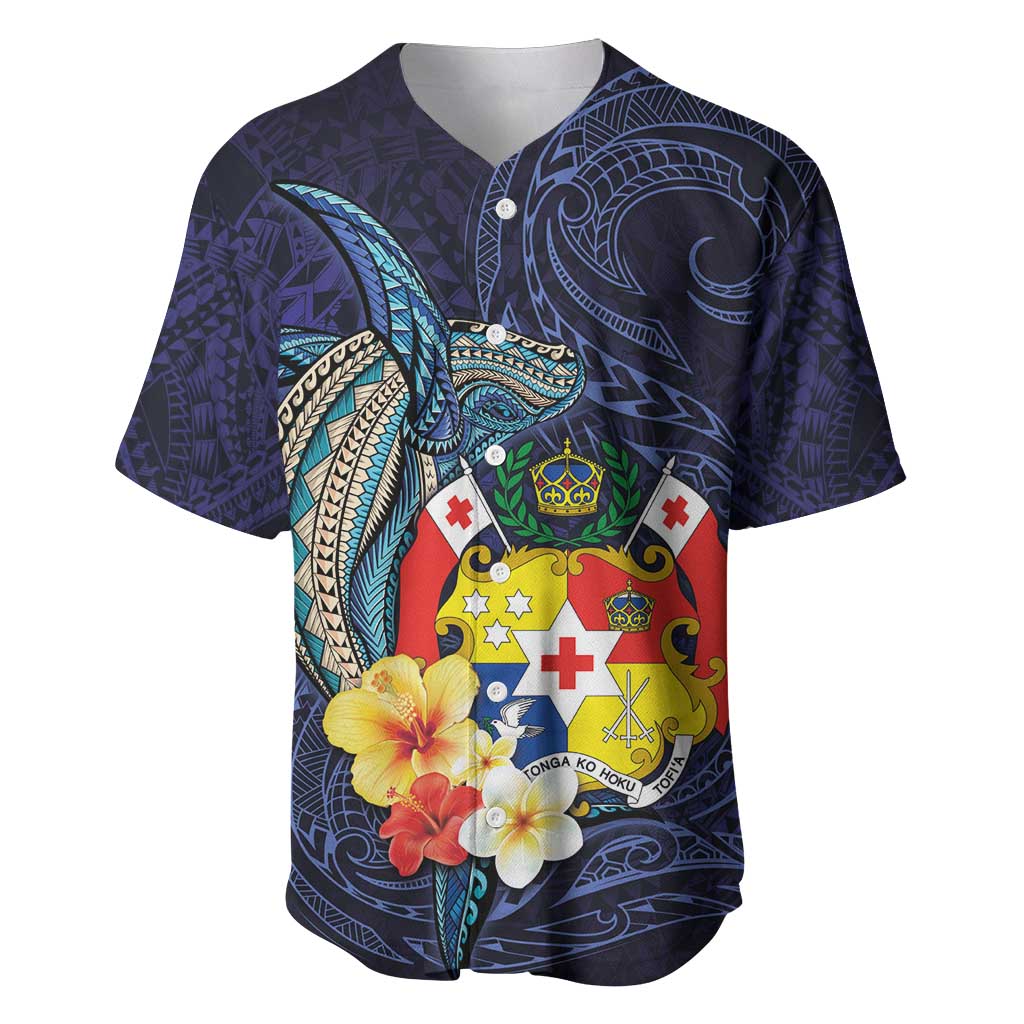 Tonga Vava'u Humpback Whale Blue Water Baseball Jersey Polynesian Hibiscus Flowers