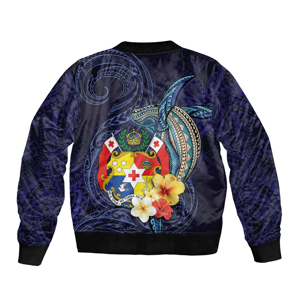 Tonga Vava'u Humpback Whale Blue Water Bomber Jacket Polynesian Hibiscus Flowers LT03 - Polynesian Pride