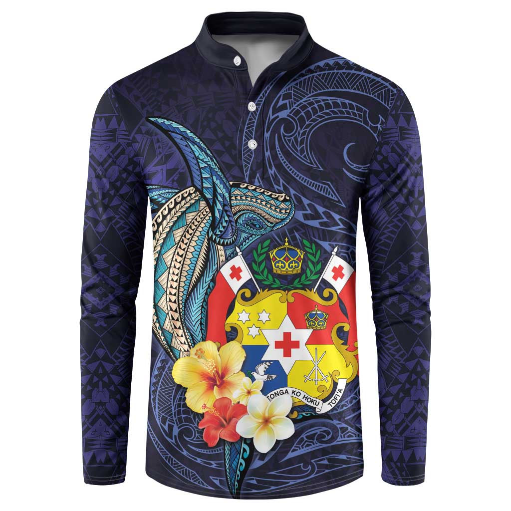 Tonga Vava'u Humpback Whale Blue Water Button Sweatshirt Polynesian Hibiscus Flowers LT03 Blue - Polynesian Pride