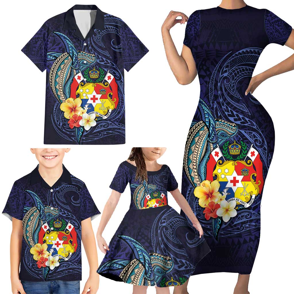 Tonga Vava'u Humpback Whale Blue Water Family Matching Short Sleeve Bodycon Dress and Hawaiian Shirt Polynesian Hibiscus Flowers