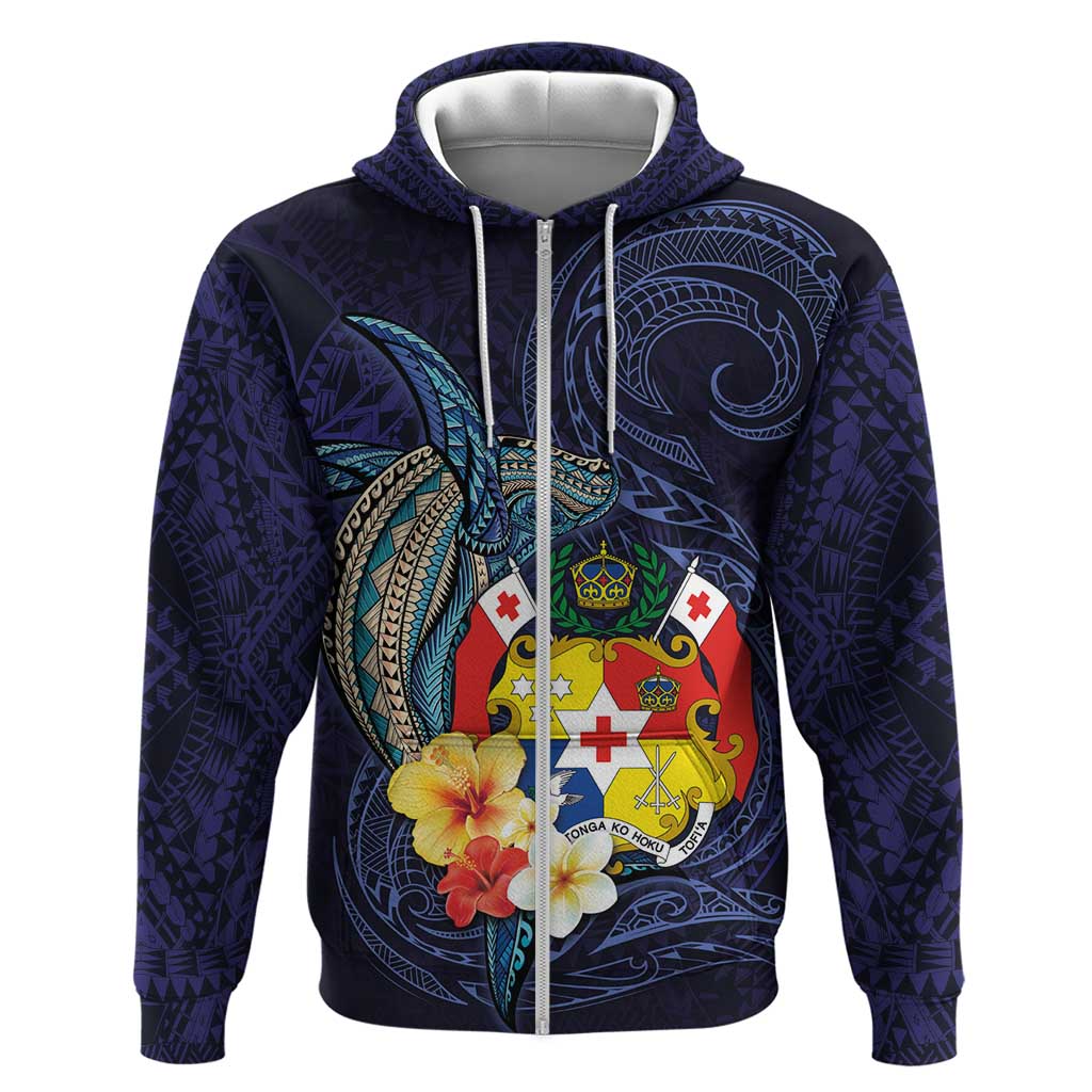 Tonga Vava'u Humpback Whale Blue Water Hoodie Polynesian Hibiscus Flowers LT03 Zip Hoodie Blue - Polynesian Pride