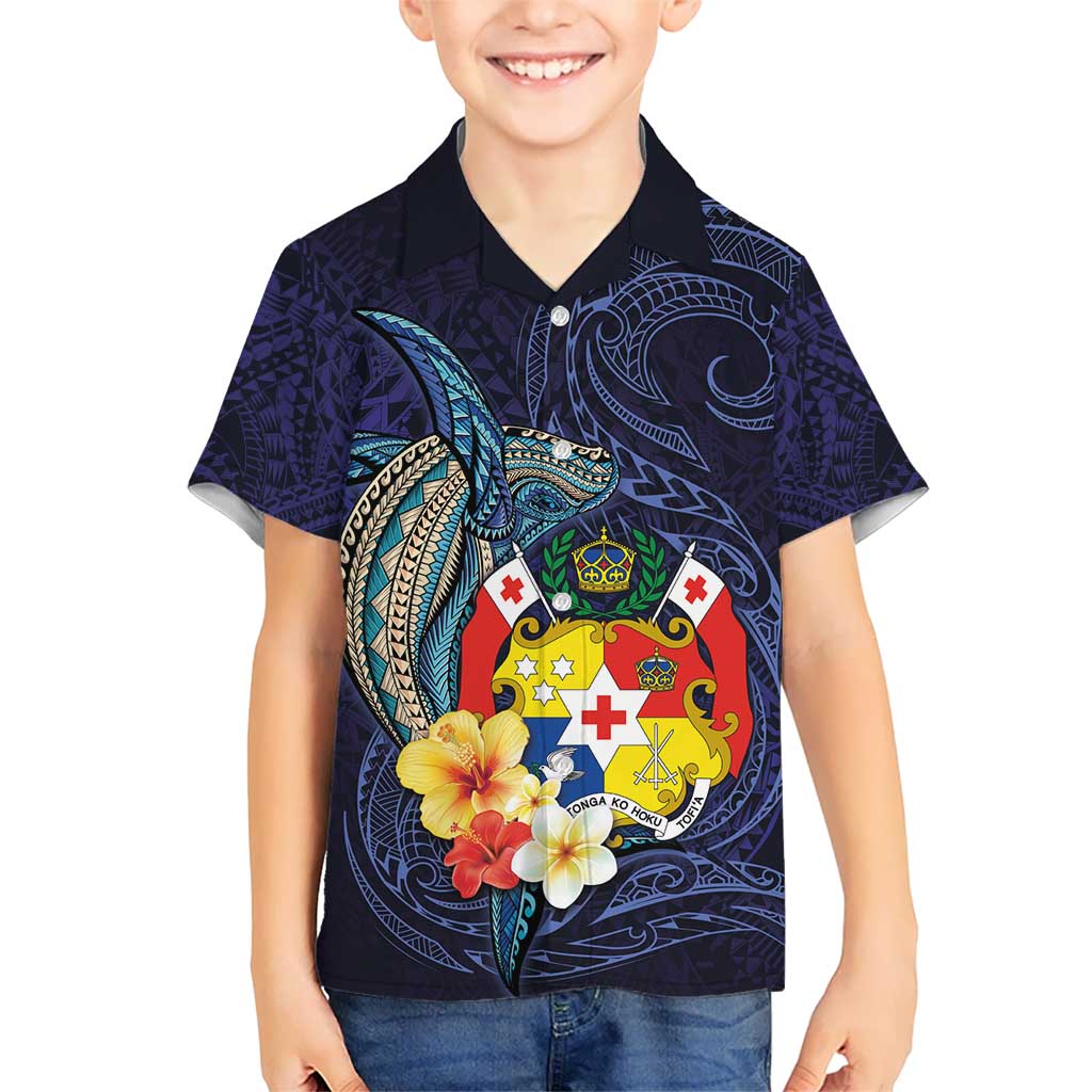 Tonga Vava'u Humpback Whale Blue Water Kid Hawaiian Shirt Polynesian Hibiscus Flowers LT03 Kid Blue - Polynesian Pride