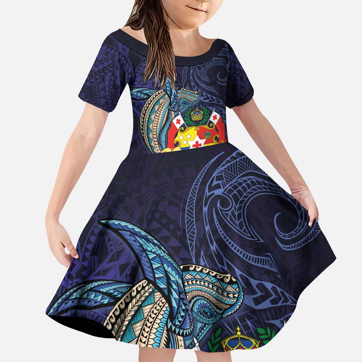 Tonga Vava'u Humpback Whale Blue Water Kid Short Sleeve Dress Polynesian Hibiscus Flowers LT03 KID Blue - Polynesian Pride