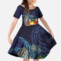 Tonga Vava'u Humpback Whale Blue Water Kid Short Sleeve Dress Polynesian Hibiscus Flowers LT03 KID Blue - Polynesian Pride