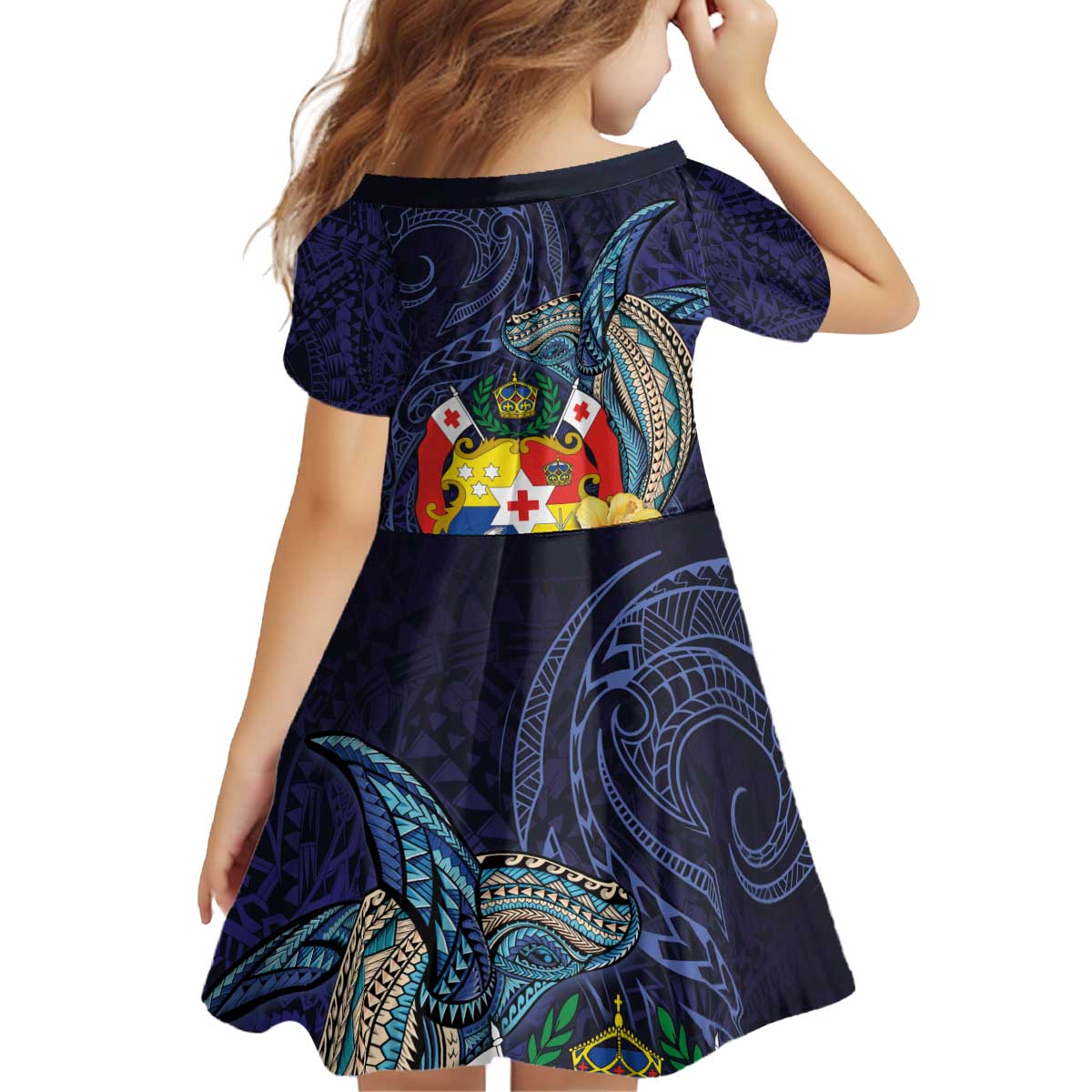 Tonga Vava'u Humpback Whale Blue Water Kid Short Sleeve Dress Polynesian Hibiscus Flowers LT03 - Polynesian Pride