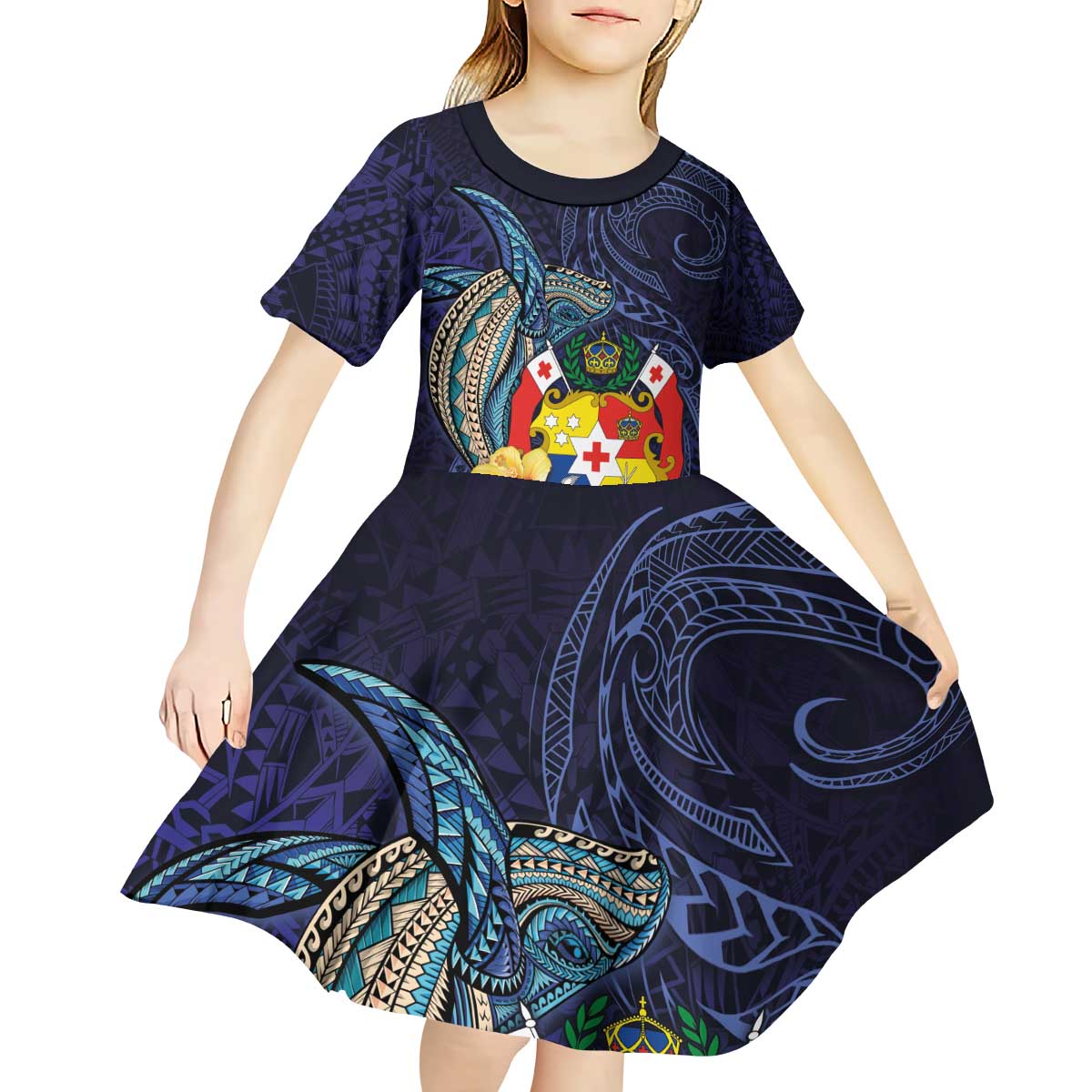 Tonga Vava'u Humpback Whale Blue Water Kid Short Sleeve Dress Polynesian Hibiscus Flowers LT03 - Polynesian Pride
