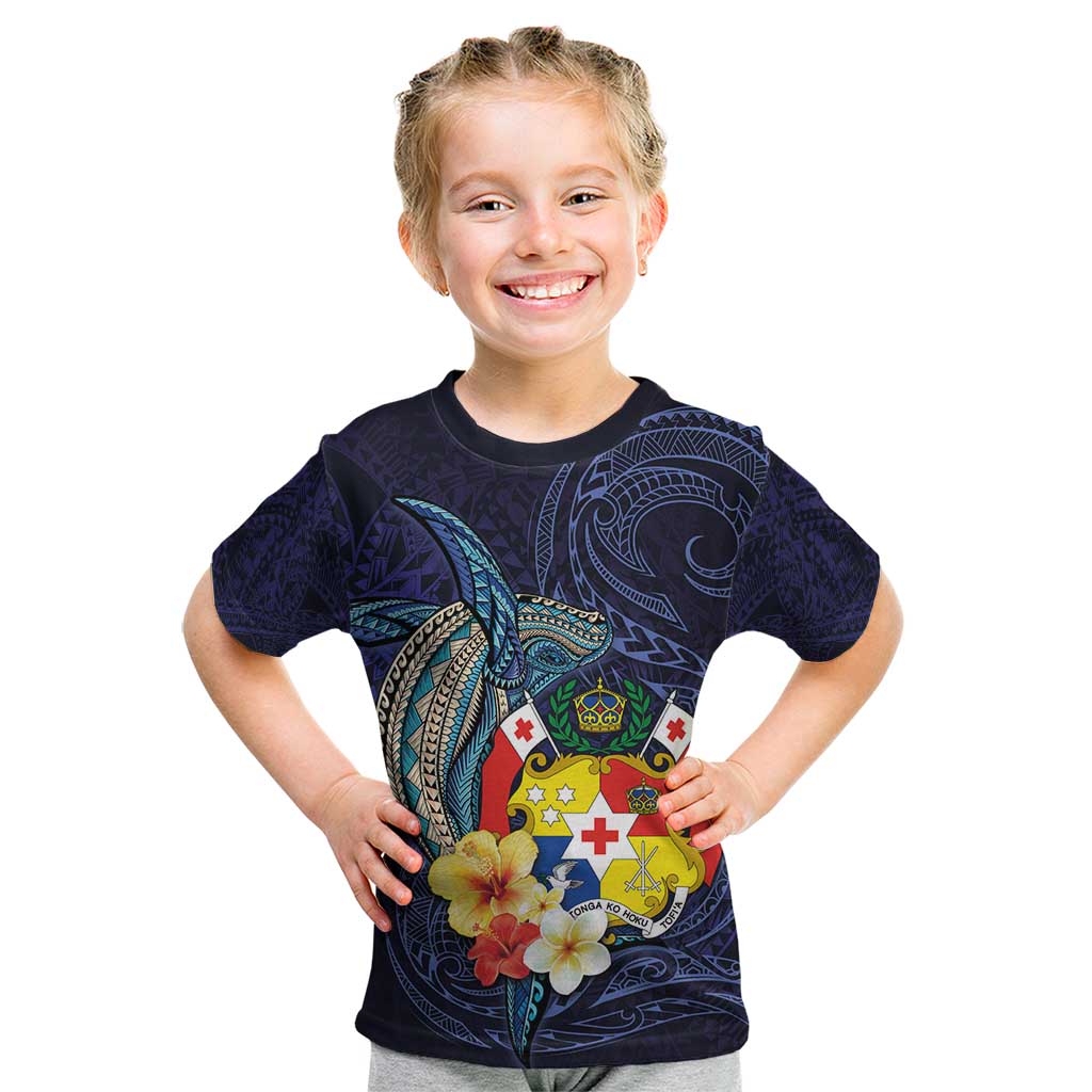 Tonga Vava'u Humpback Whale Blue Water Kid T Shirt Polynesian Hibiscus Flowers LT03 Blue - Polynesian Pride