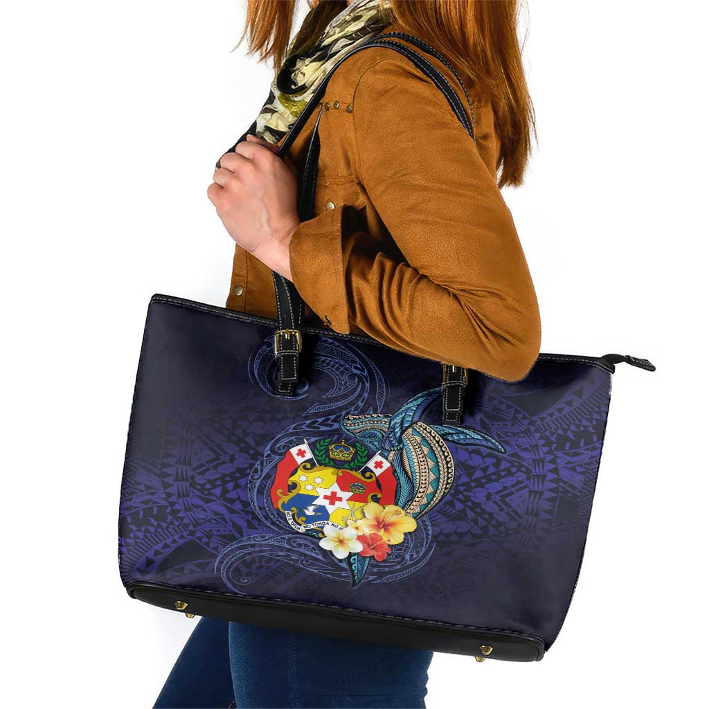 Tonga Vava'u Humpback Whale Blue Water Leather Tote Bag Polynesian Hibiscus Flowers LT03 Blue - Polynesian Pride