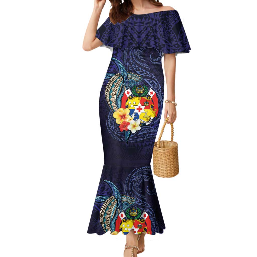 Tonga Vava'u Humpback Whale Blue Water Mermaid Dress Polynesian Hibiscus Flowers LT03 Women Blue - Polynesian Pride
