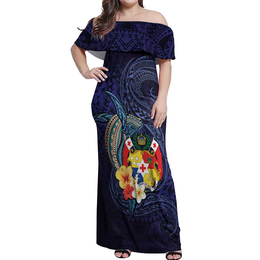 Tonga Vava'u Humpback Whale Blue Water Off Shoulder Maxi Dress Polynesian Hibiscus Flowers LT03 Women Blue - Polynesian Pride