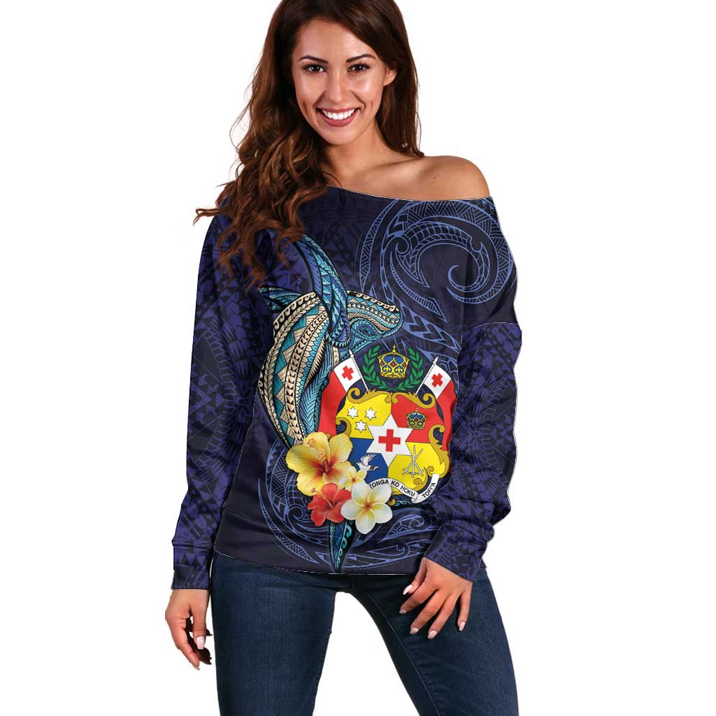 Tonga Vava'u Humpback Whale Blue Water Off Shoulder Sweater Polynesian Hibiscus Flowers LT03 Women Blue - Polynesian Pride