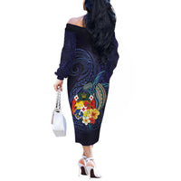 Tonga Vava'u Humpback Whale Blue Water Off The Shoulder Long Sleeve Dress Polynesian Hibiscus Flowers LT03 - Polynesian Pride