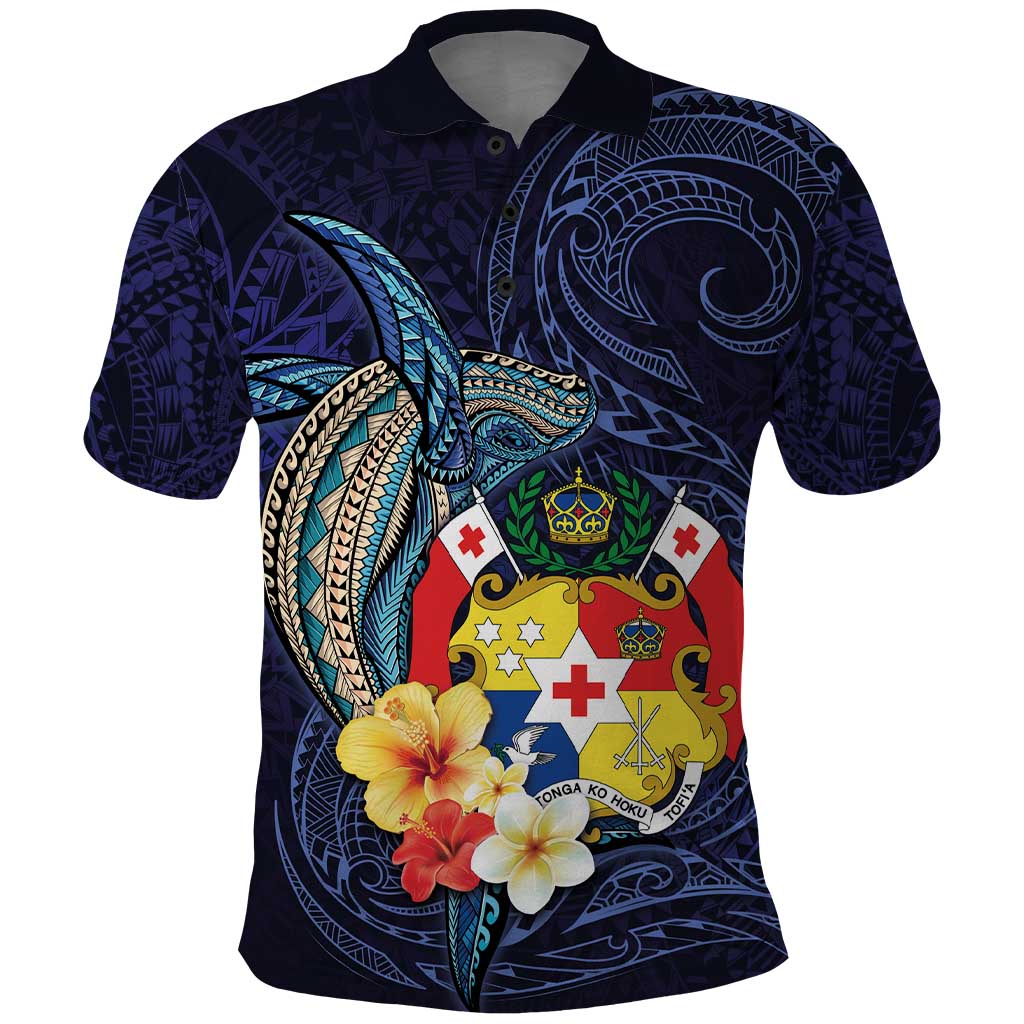 Tonga Vava'u Humpback Whale Blue Water Polo Shirt Polynesian Hibiscus Flowers LT03 Blue - Polynesian Pride