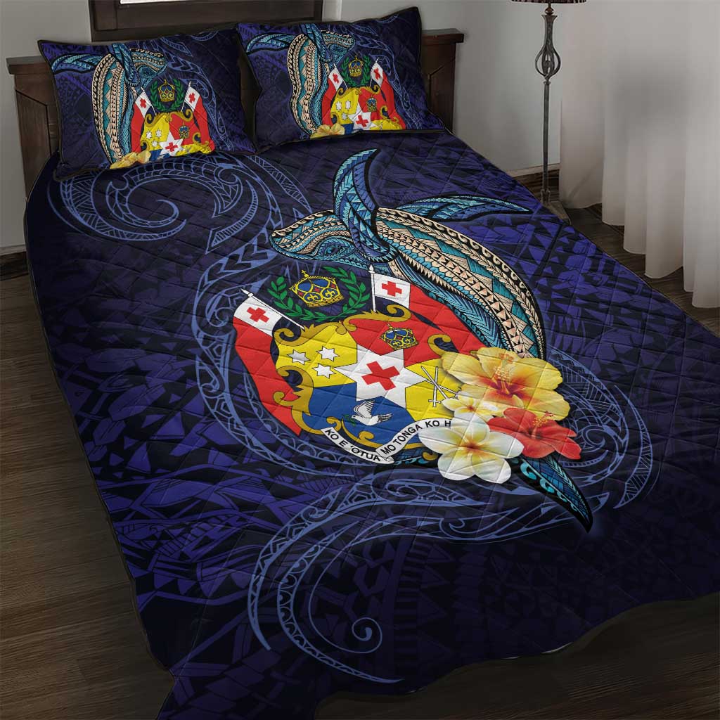 Tonga Vava'u Humpback Whale Blue Water Quilt Bed Set Polynesian Hibiscus Flowers