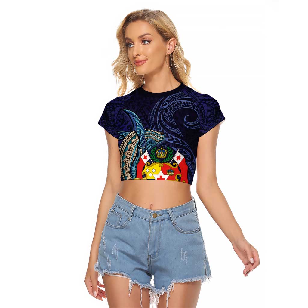 Tonga Vava'u Humpback Whale Blue Water Raglan Cropped T Shirt Polynesian Hibiscus Flowers LT03 Female Blue - Polynesian Pride