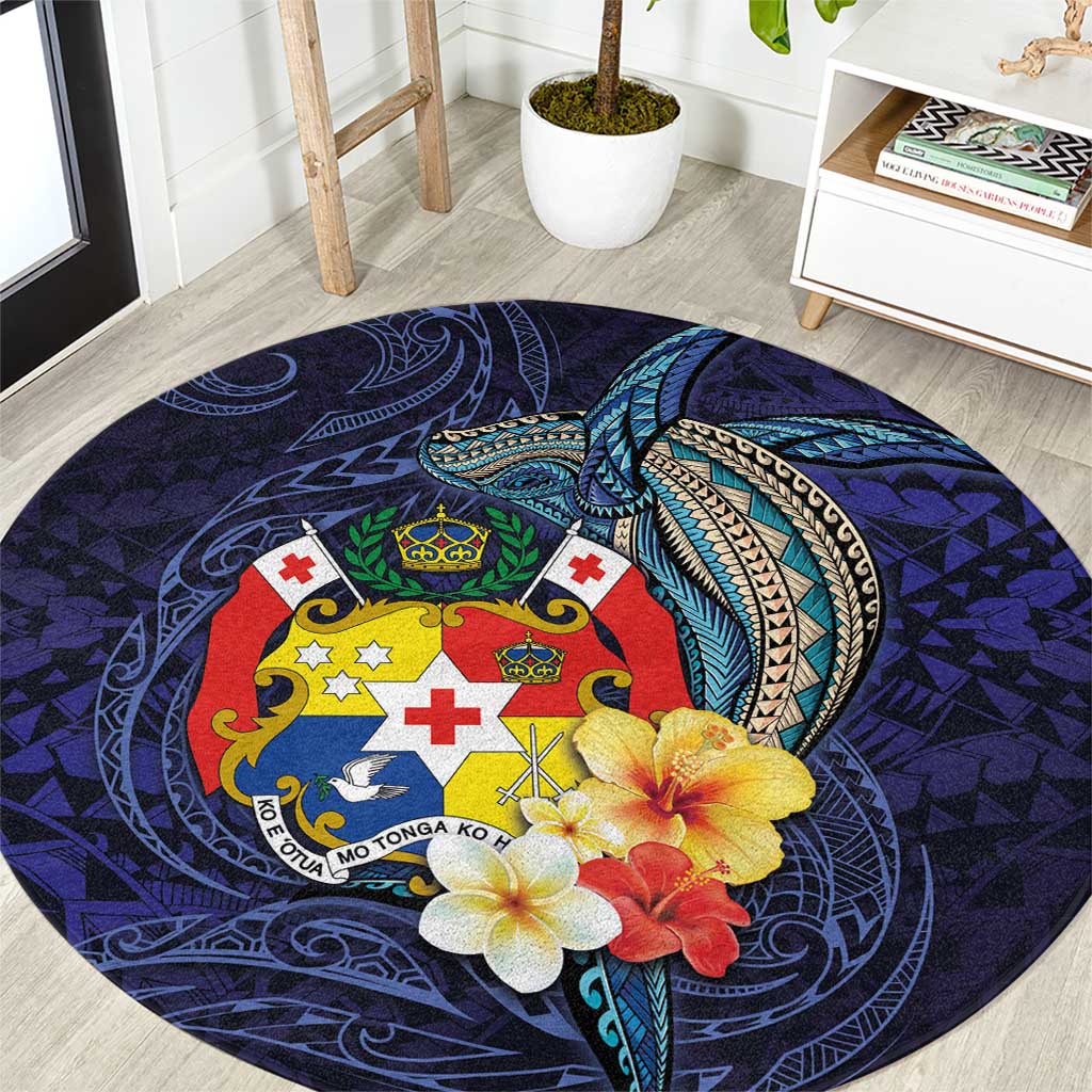 Tonga Vava'u Humpback Whale Blue Water Round Carpet Polynesian Hibiscus Flowers LT03 Blue - Polynesian Pride