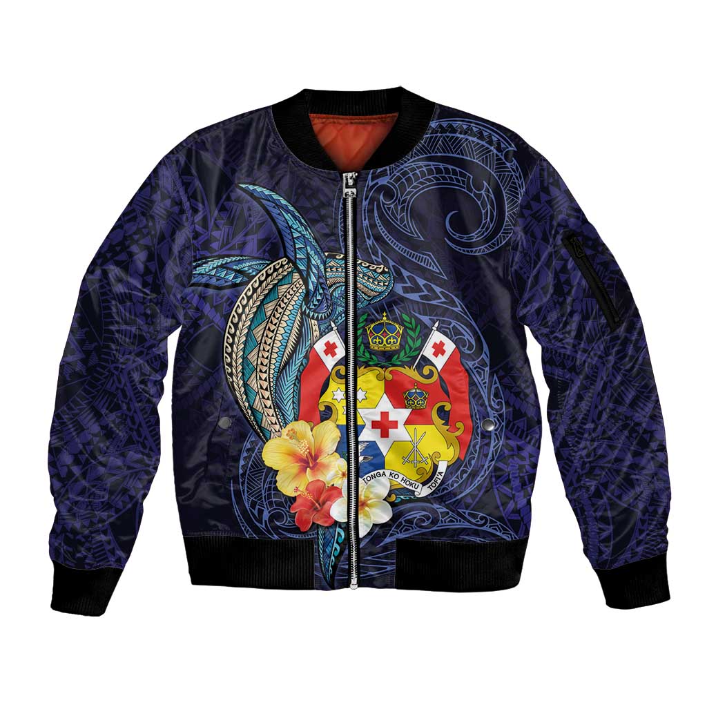 Tonga Vava'u Humpback Whale Blue Water Sleeve Zip Bomber Jacket Polynesian Hibiscus Flowers