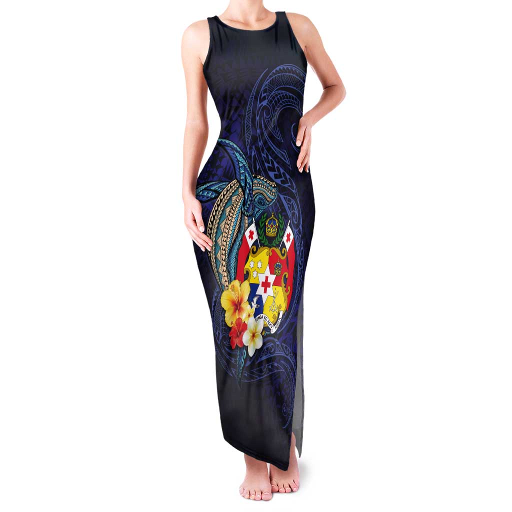 Tonga Vava'u Humpback Whale Blue Water Tank Maxi Dress Polynesian Hibiscus Flowers