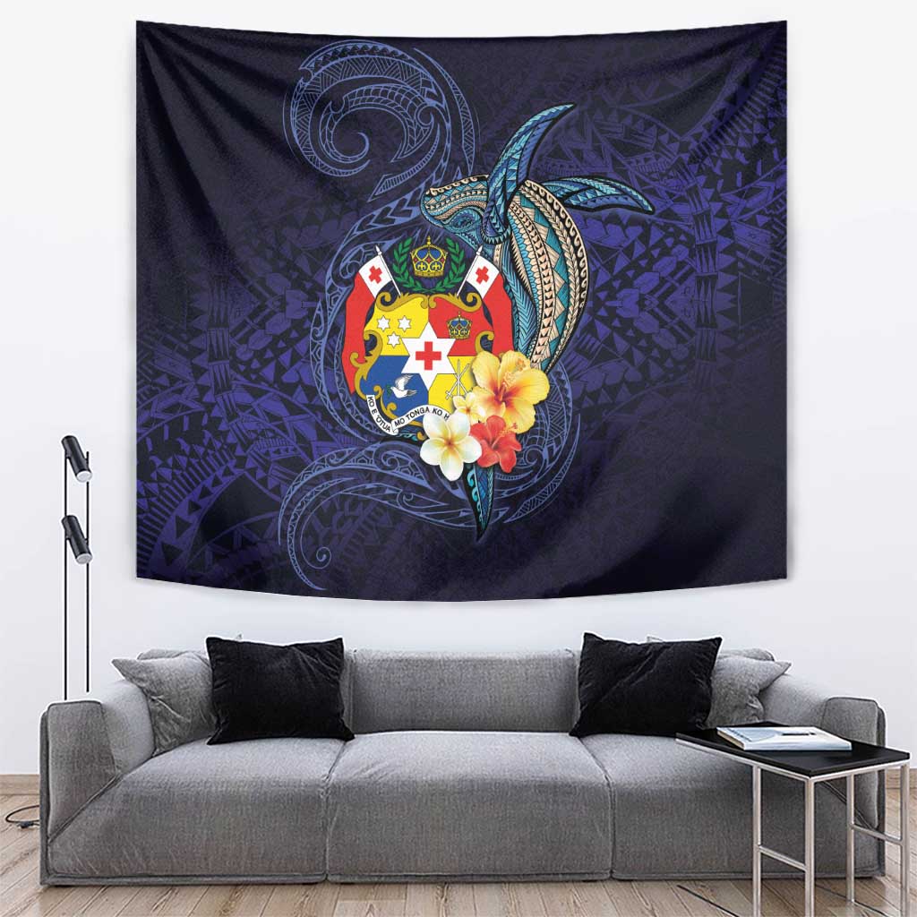 Tonga Vava'u Humpback Whale Blue Water Tapestry Polynesian Hibiscus Flowers LT03 Blue - Polynesian Pride